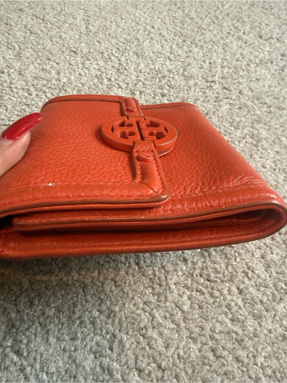 Tory Burch Bright Orange Pebbled Leather Trifold Wallet
